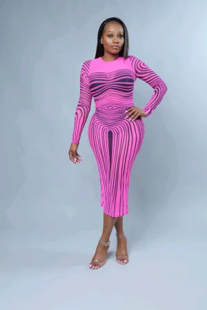 Kim K Neon Pink Stripe Transparent Bodycon Dress