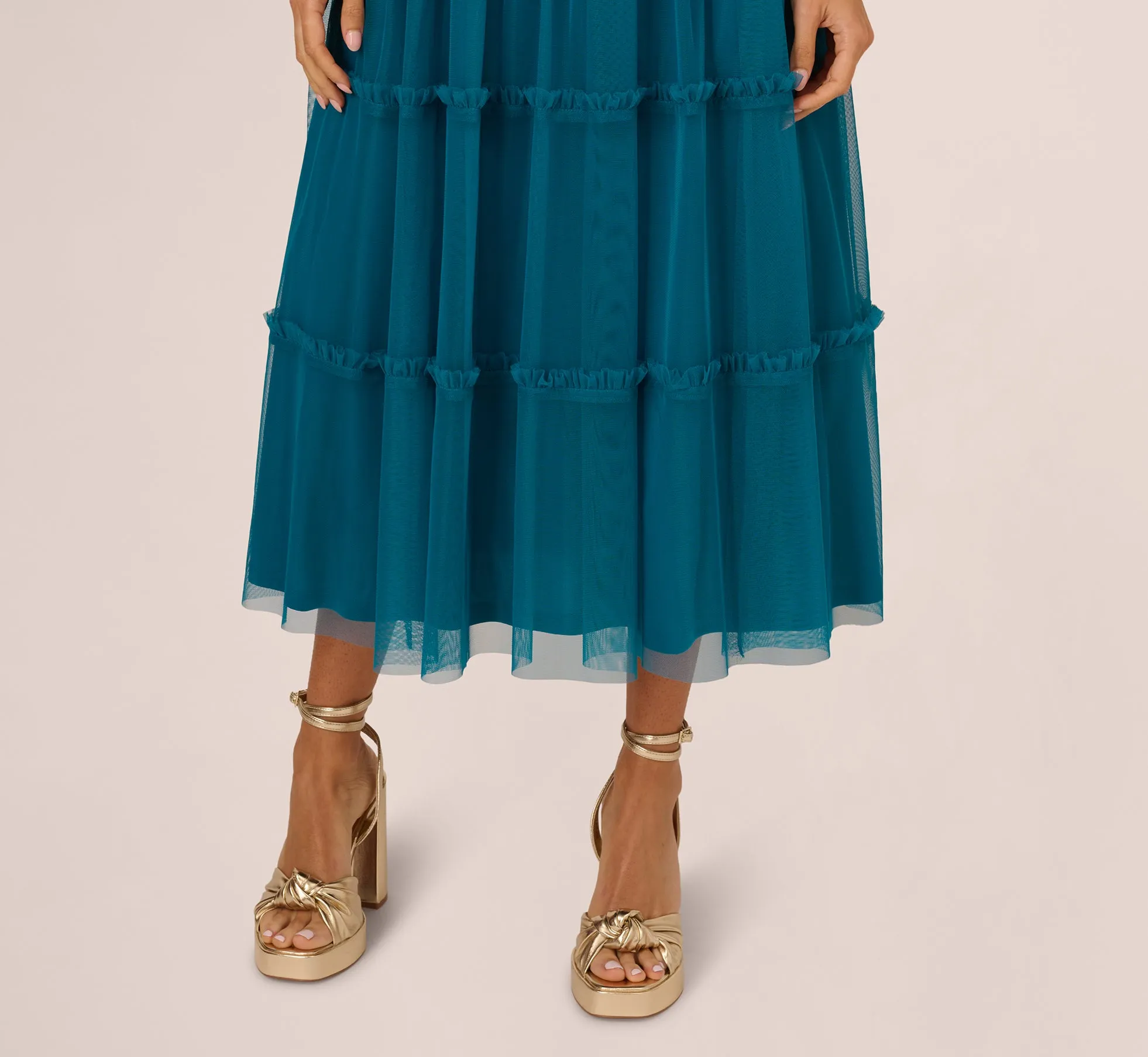 Knit And Mesh Tiered Midi Halter Dress In Peacock