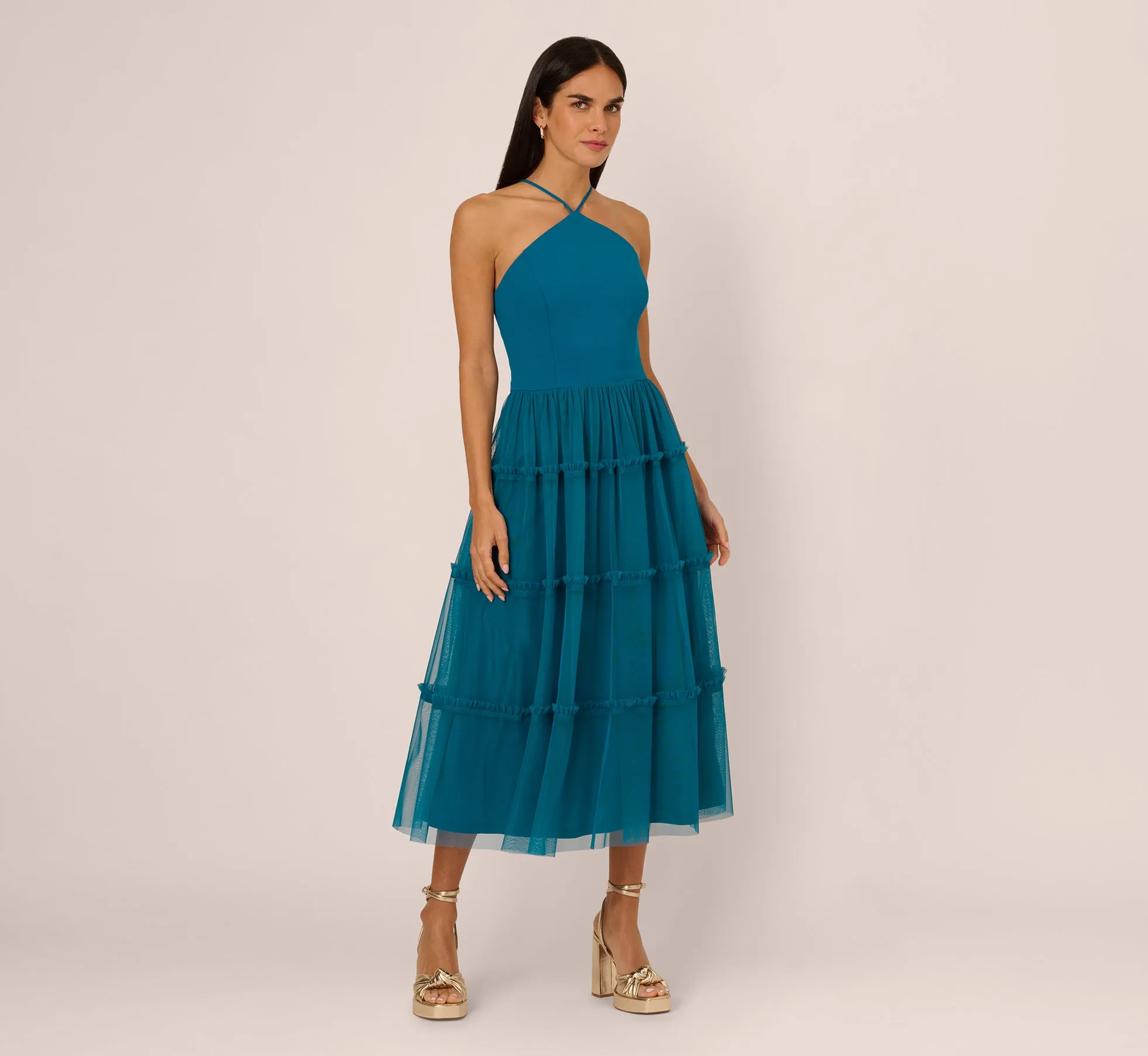 Knit And Mesh Tiered Midi Halter Dress In Peacock