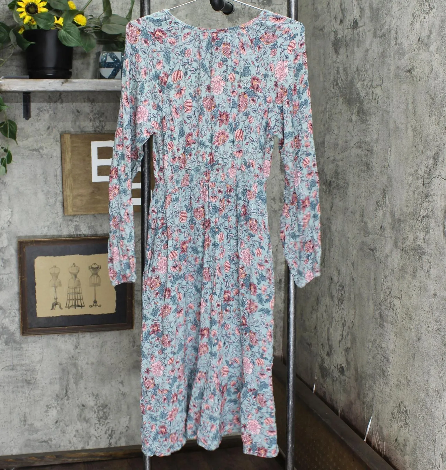 Knox Rose Womens Gauze Fit and Flare Ruffle Midi Long Sleeve Dress Blue Multi XS