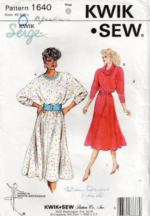 Kwik Sew 1640 Womens Stretch Full Skirt Dolman Sleeve Dress with Optional Cowl Collar 1980s Vintage Sewing Pattern Size XS - L UNCUT Factory Folded