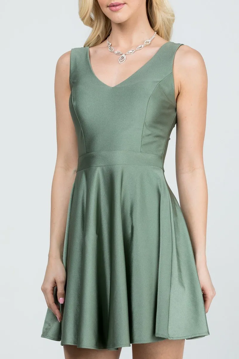 La Scala 25589 Sleeveless Dalia Fit and Flared Solid V-Neck Tricot Dress
