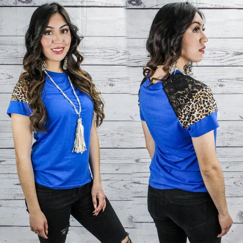 LACE & LEOPARD SHORT SLEEVE TOP