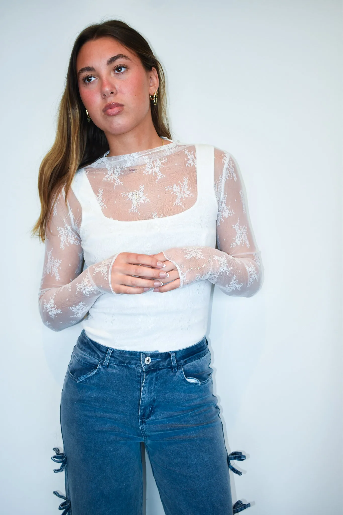 Lace Long Sleeve Layering Top- White