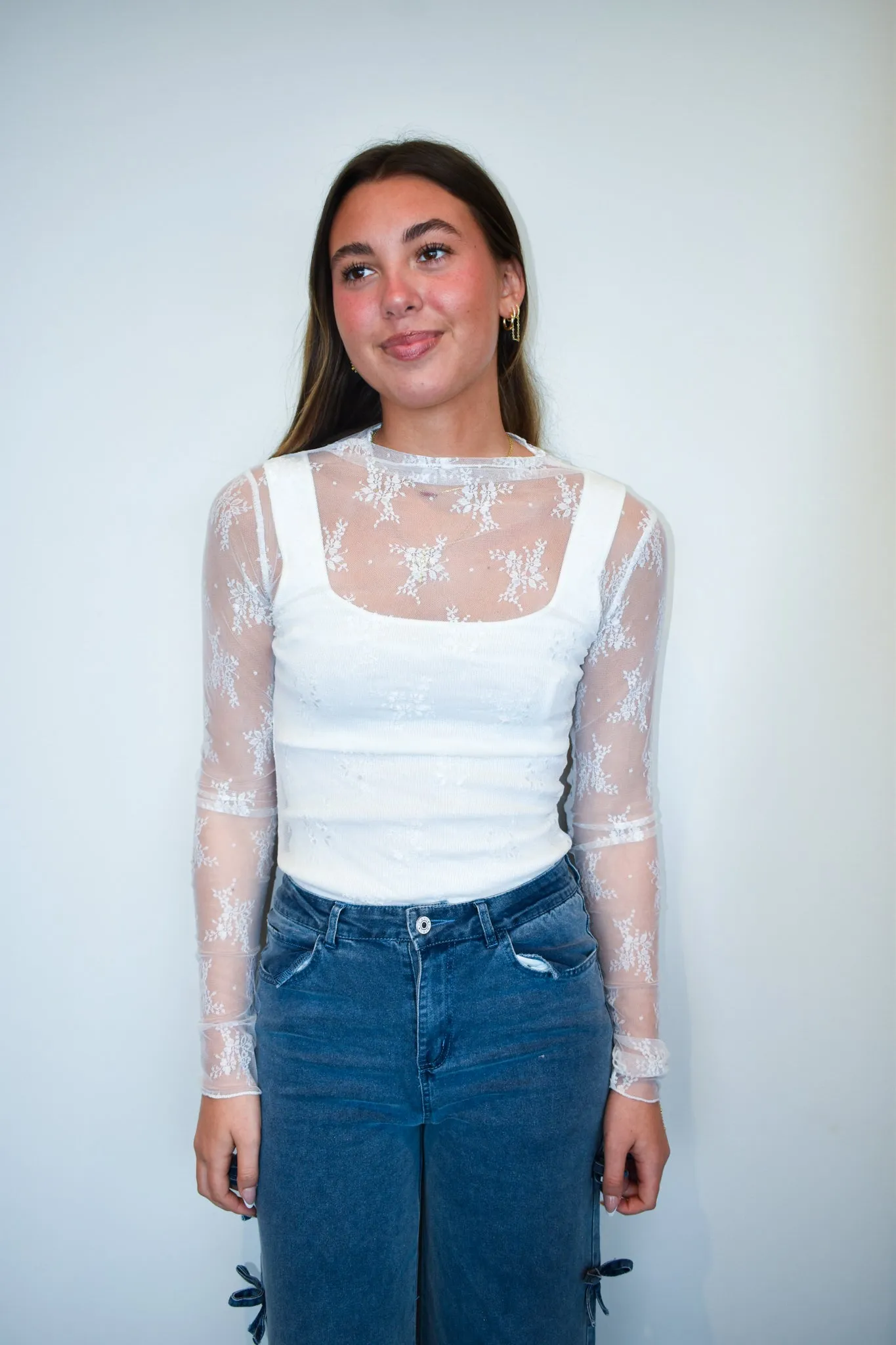 Lace Long Sleeve Layering Top- White