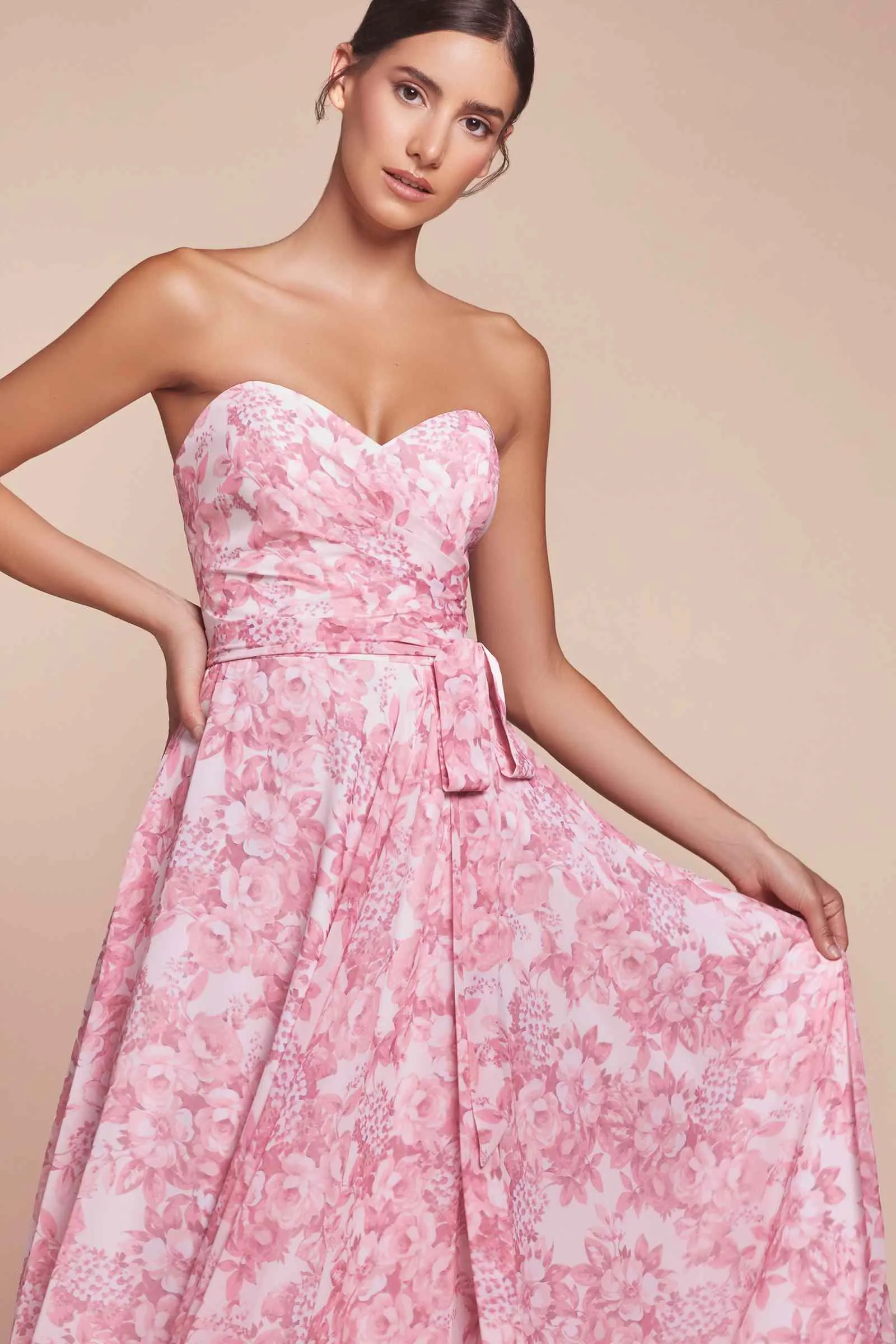 Ladivine 7443 Dress Strapless A-Line Floral Satin Dress