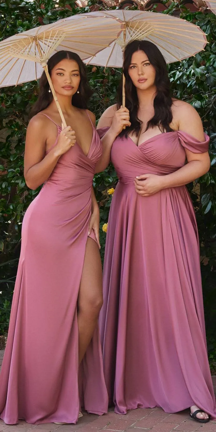 Ladivine 7494C Long Plus Size Fitted Satin Ruched Dress with Slit