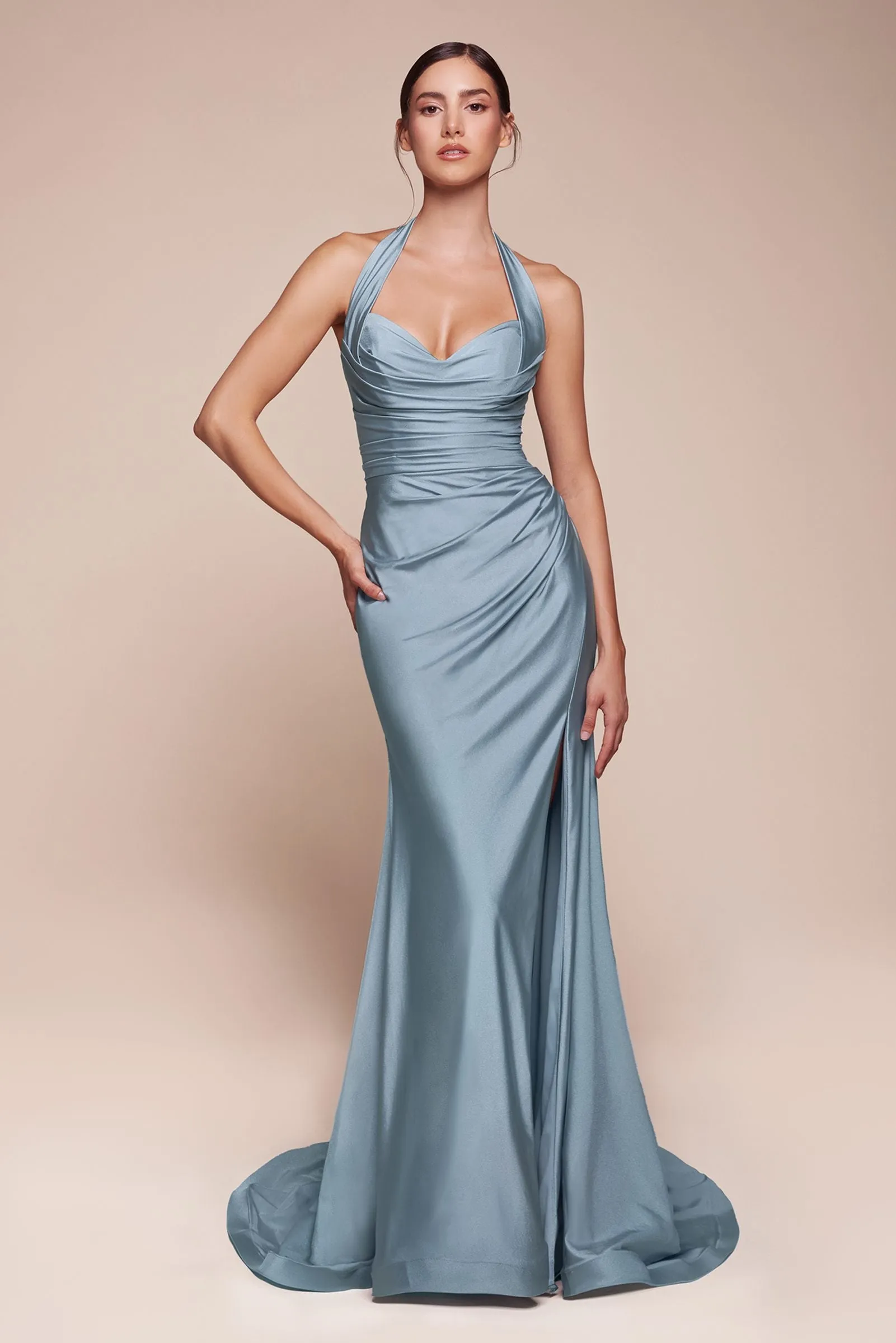 Ladivine CD796 Dress Floor Length Stretch Satin Halter Fitted Gown