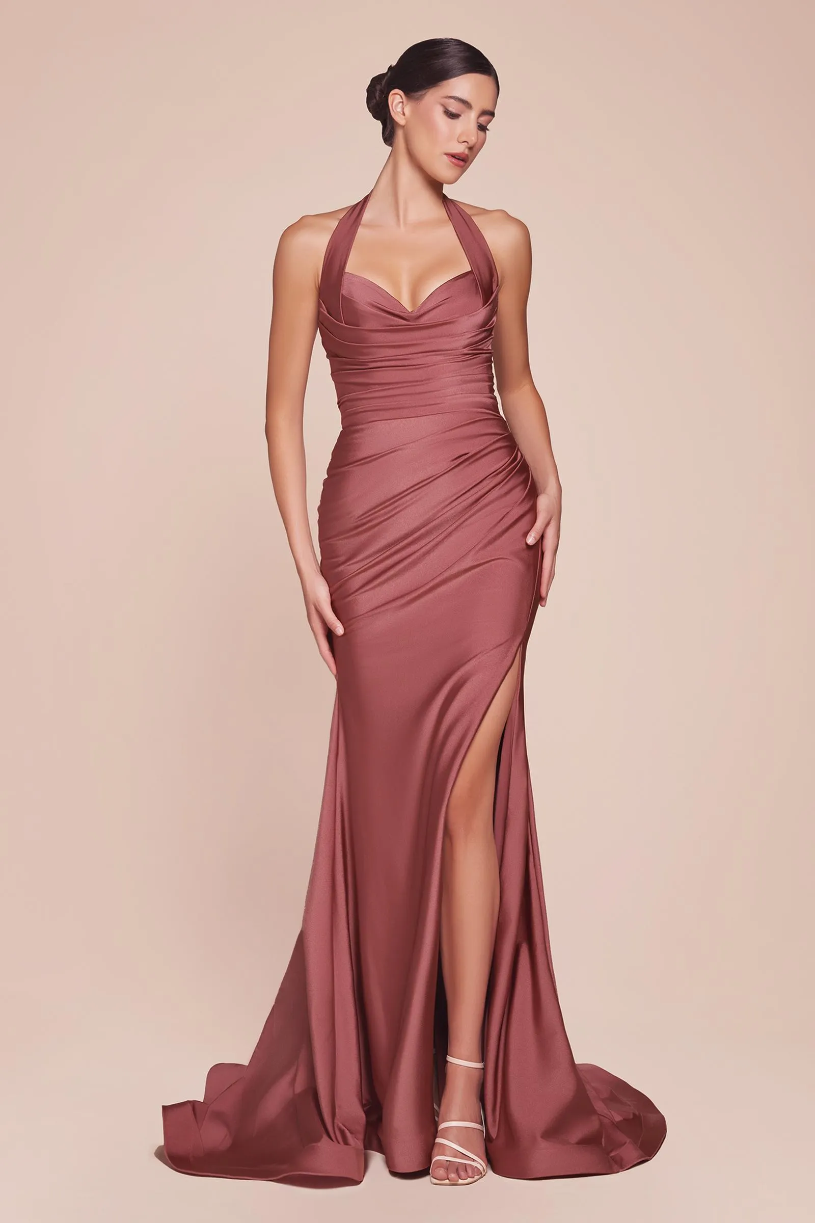 Ladivine CD796 Dress Floor Length Stretch Satin Halter Fitted Gown