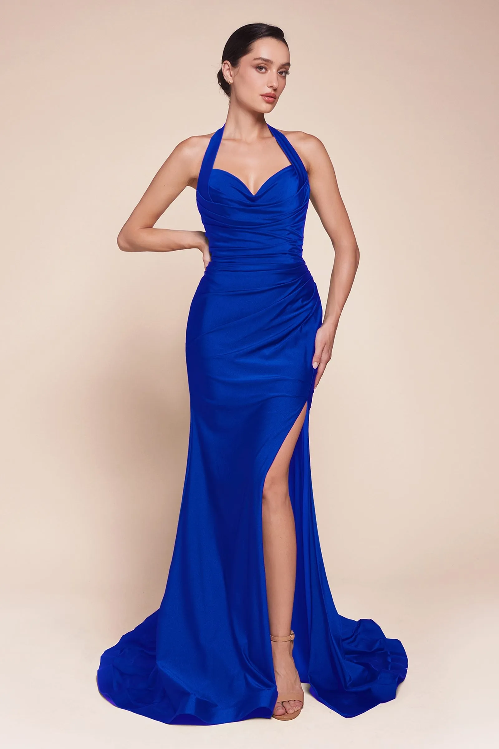 Ladivine CD796 Dress Floor Length Stretch Satin Halter Fitted Gown