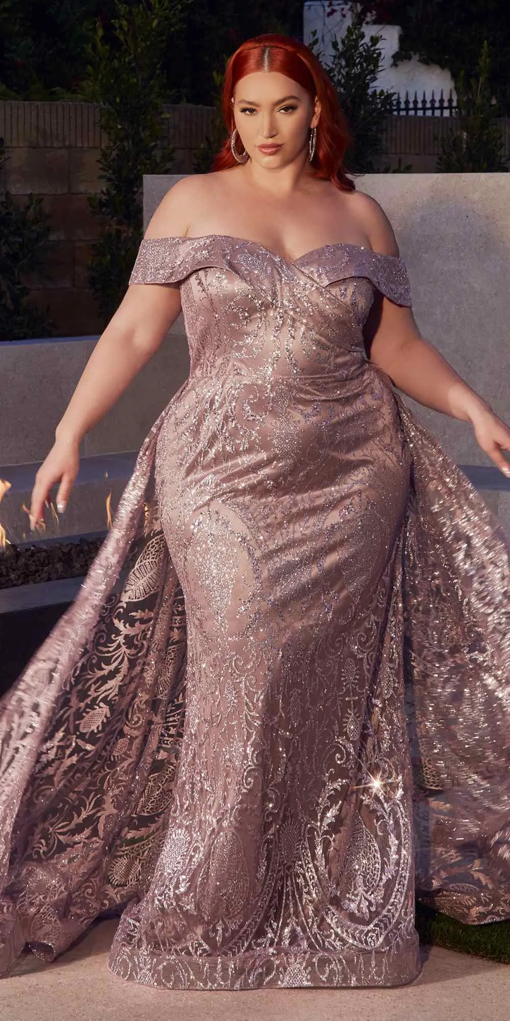Ladivine J836 Long Off the Shoulder Lace Gown with Over Skirt