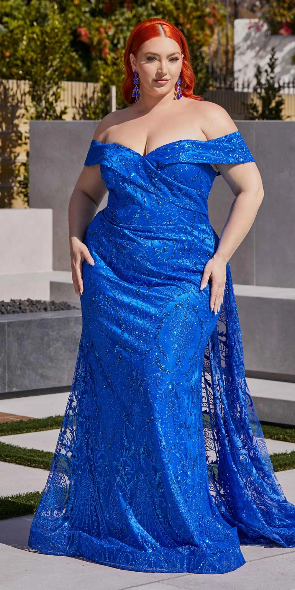 Ladivine J836 Long Off the Shoulder Lace Gown with Over Skirt