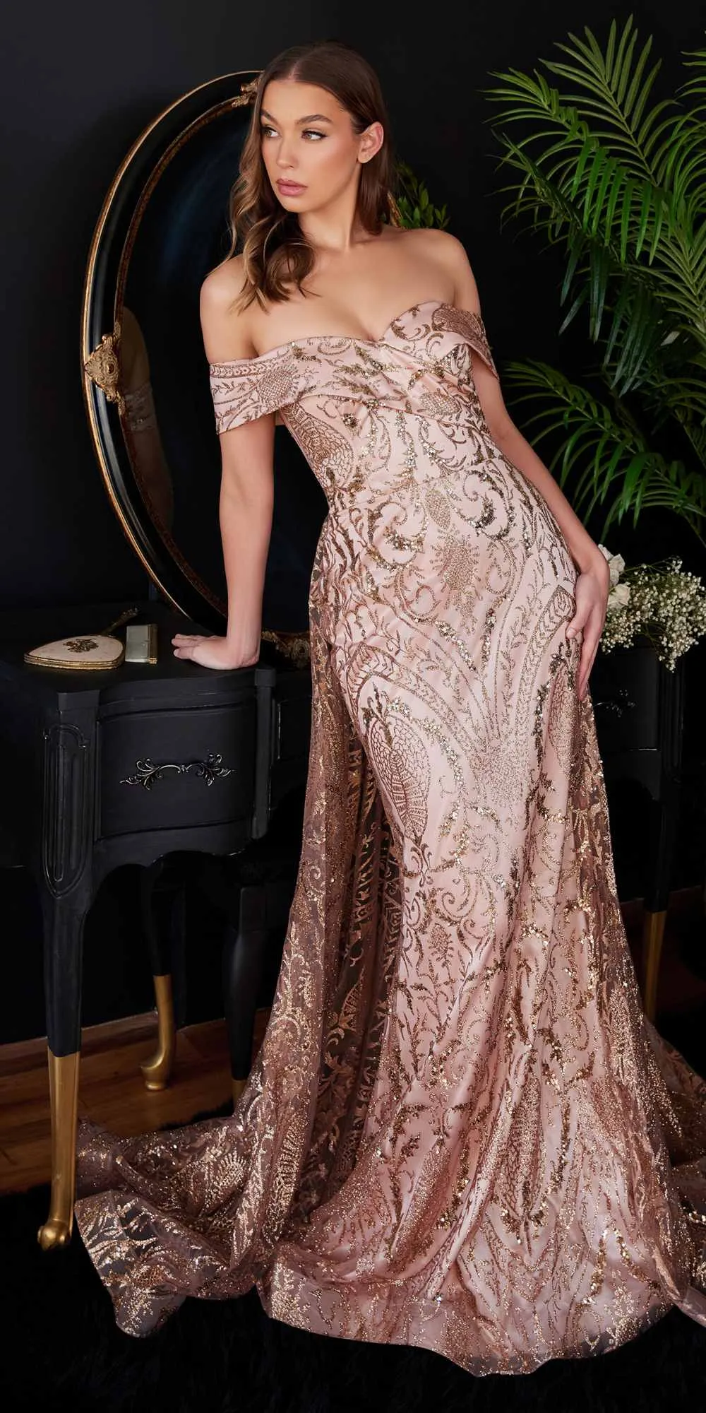 Ladivine J836 Long Off the Shoulder Lace Gown with Over Skirt