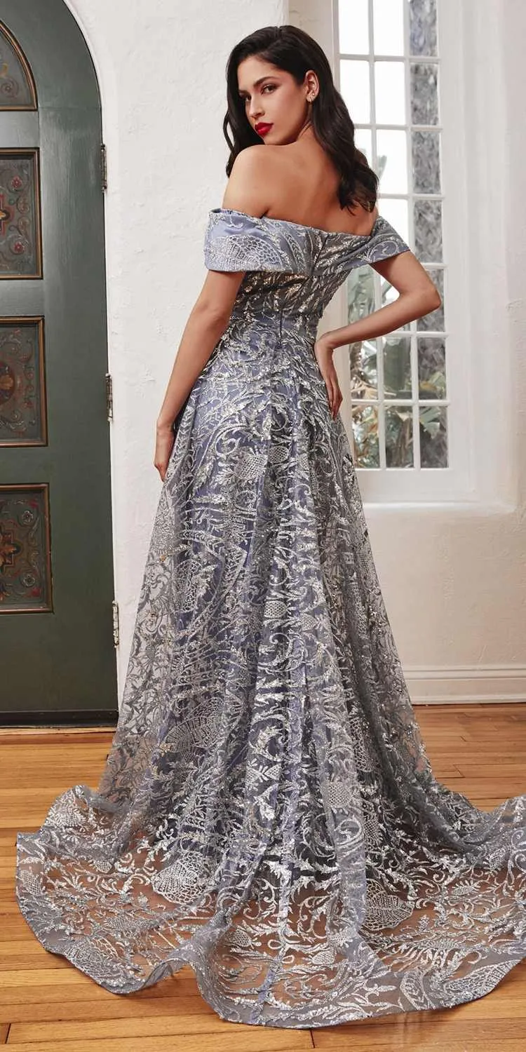 Ladivine J836 Long Off the Shoulder Lace Gown with Over Skirt