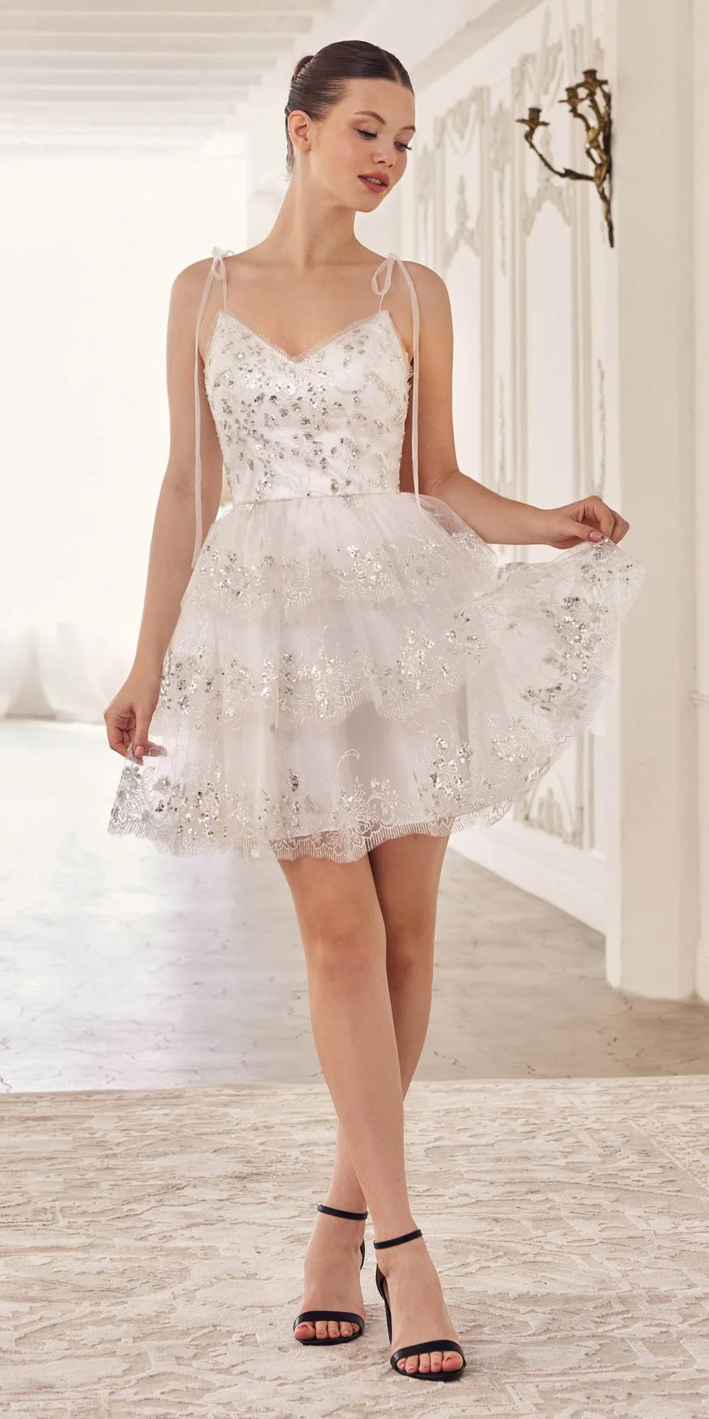 Ladivine KV1090 Glitter Printed A-Line Ruffle Short Dress