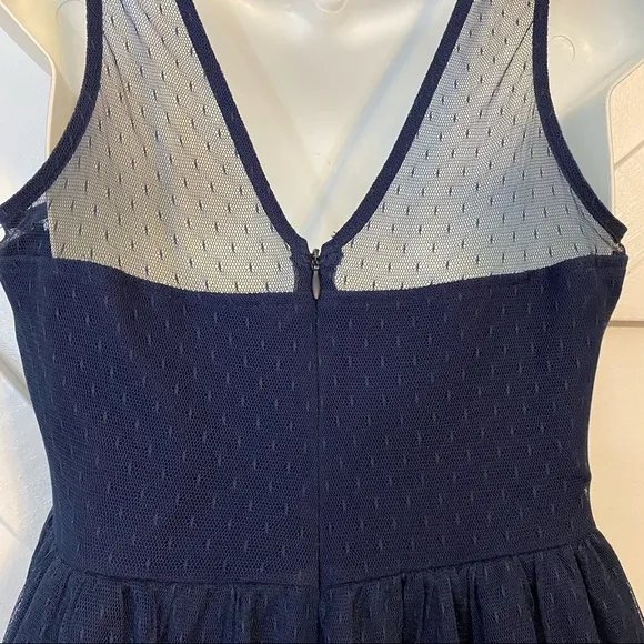 L’agence Fit And Flare Sheer Tulle Overlay Swiss Dot Mini Dress Navy Blue Sz XS