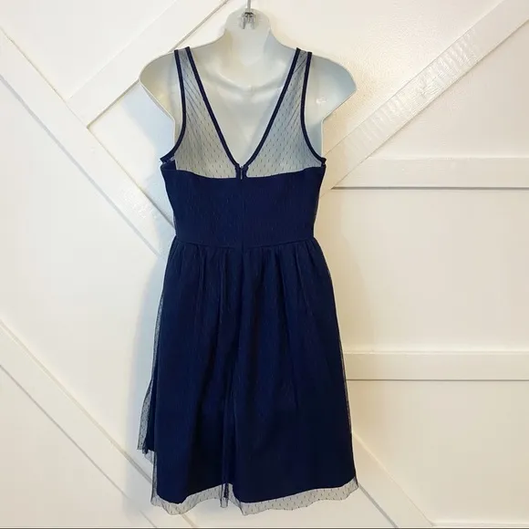 L’agence Fit And Flare Sheer Tulle Overlay Swiss Dot Mini Dress Navy Blue Sz XS