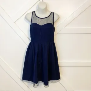 L’agence Fit And Flare Sheer Tulle Overlay Swiss Dot Mini Dress Navy Blue Sz XS