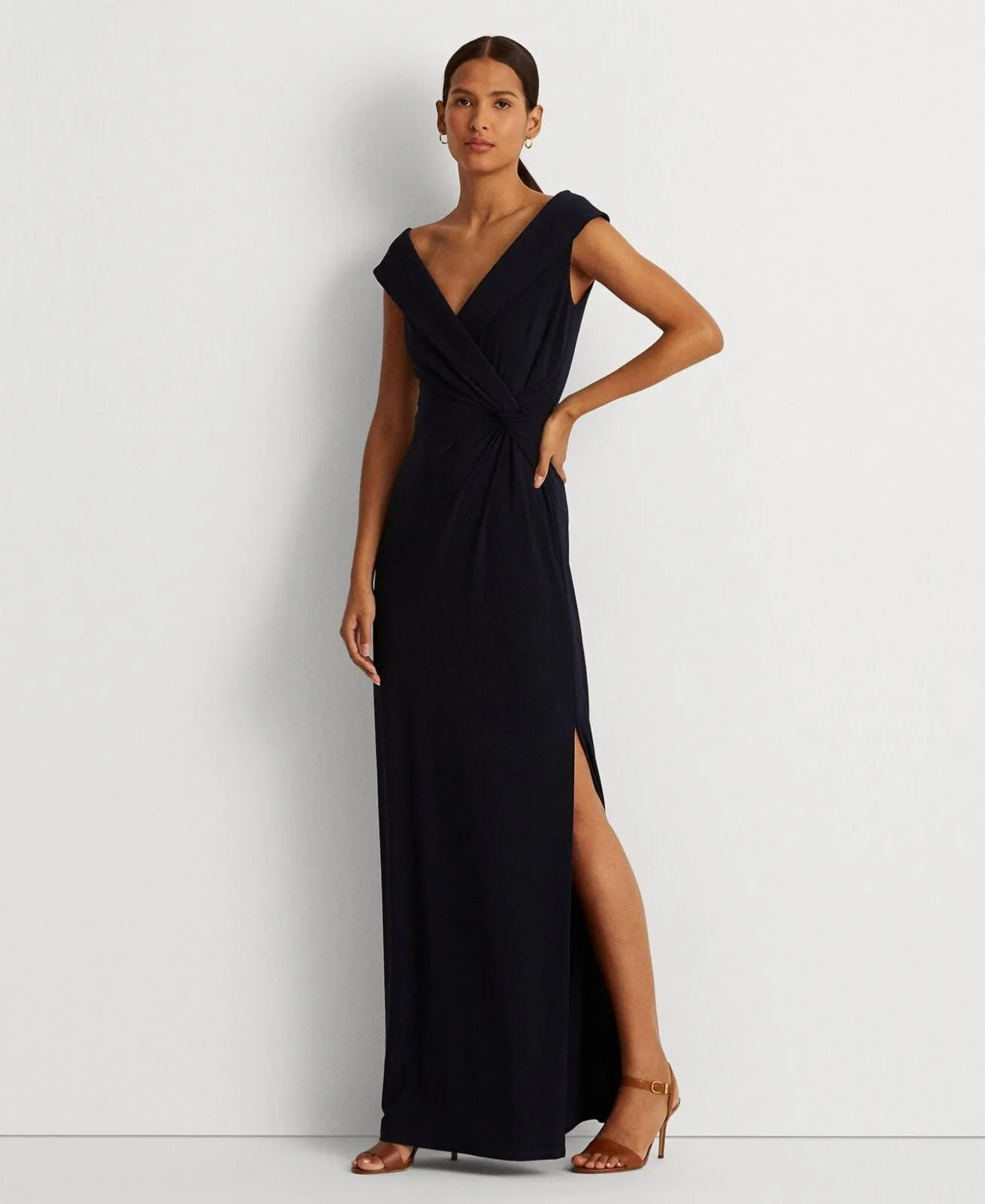 Lauren Ralph Lauren Womens Jersey Long Evening Dress Lighthouse Navy Blue 14
