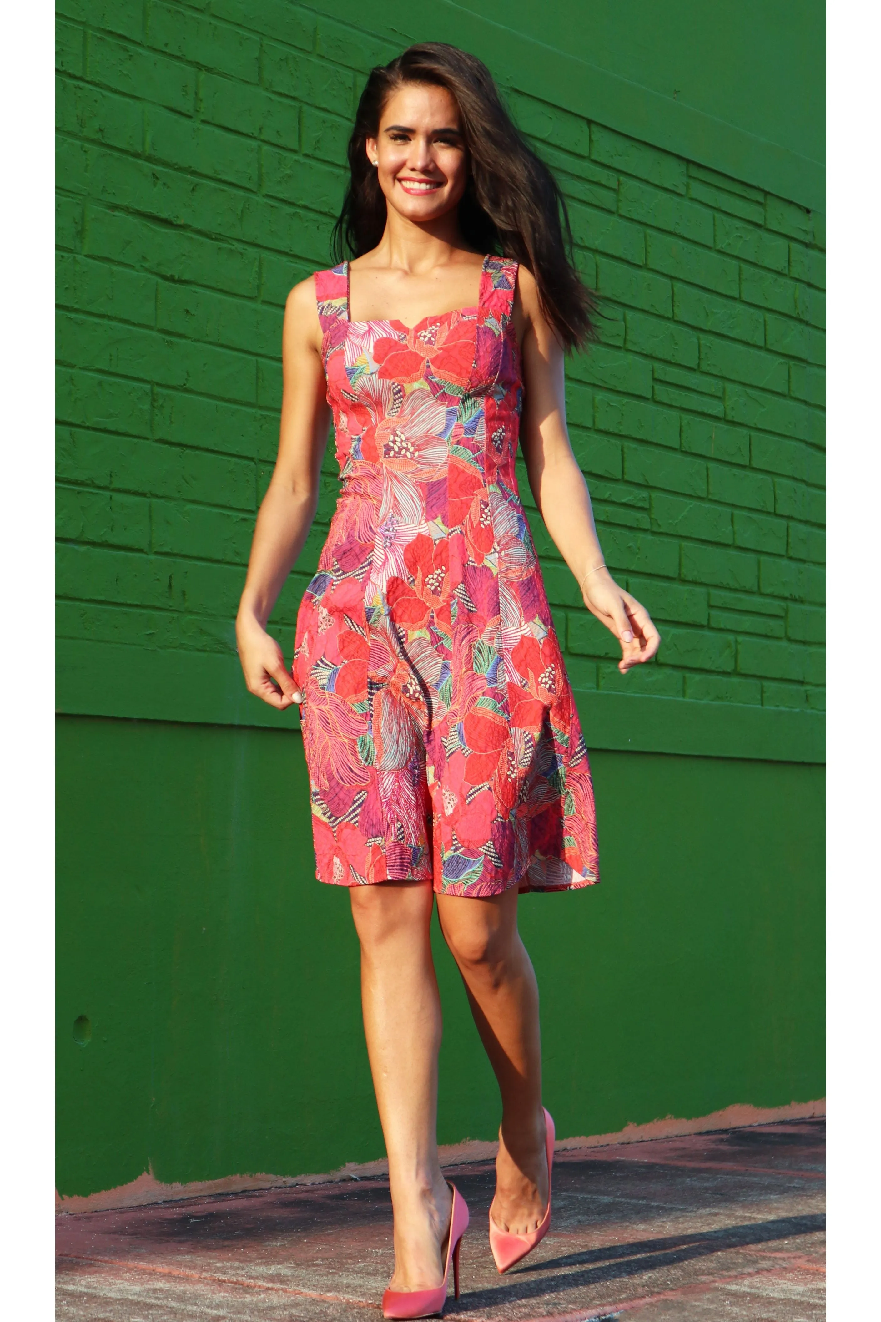 LAUREN Textured Floral Paneled A-line Dress
