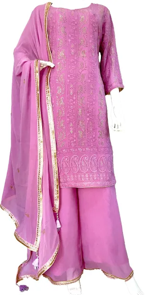Lavender Pure Georgette Palazzo Suit with Handwork Embroidery with Long Top and Embroidered Dupatta