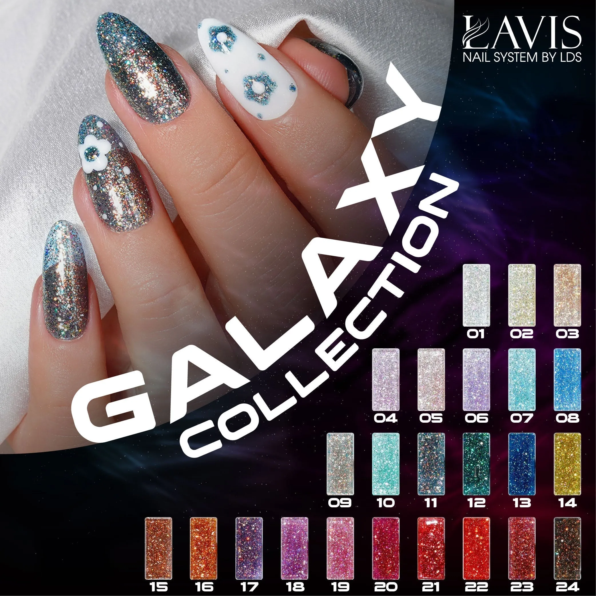 LAVIS Glitter G01 - Set 24 Colors - Gel Polish 0.5 oz - Galaxy Collection