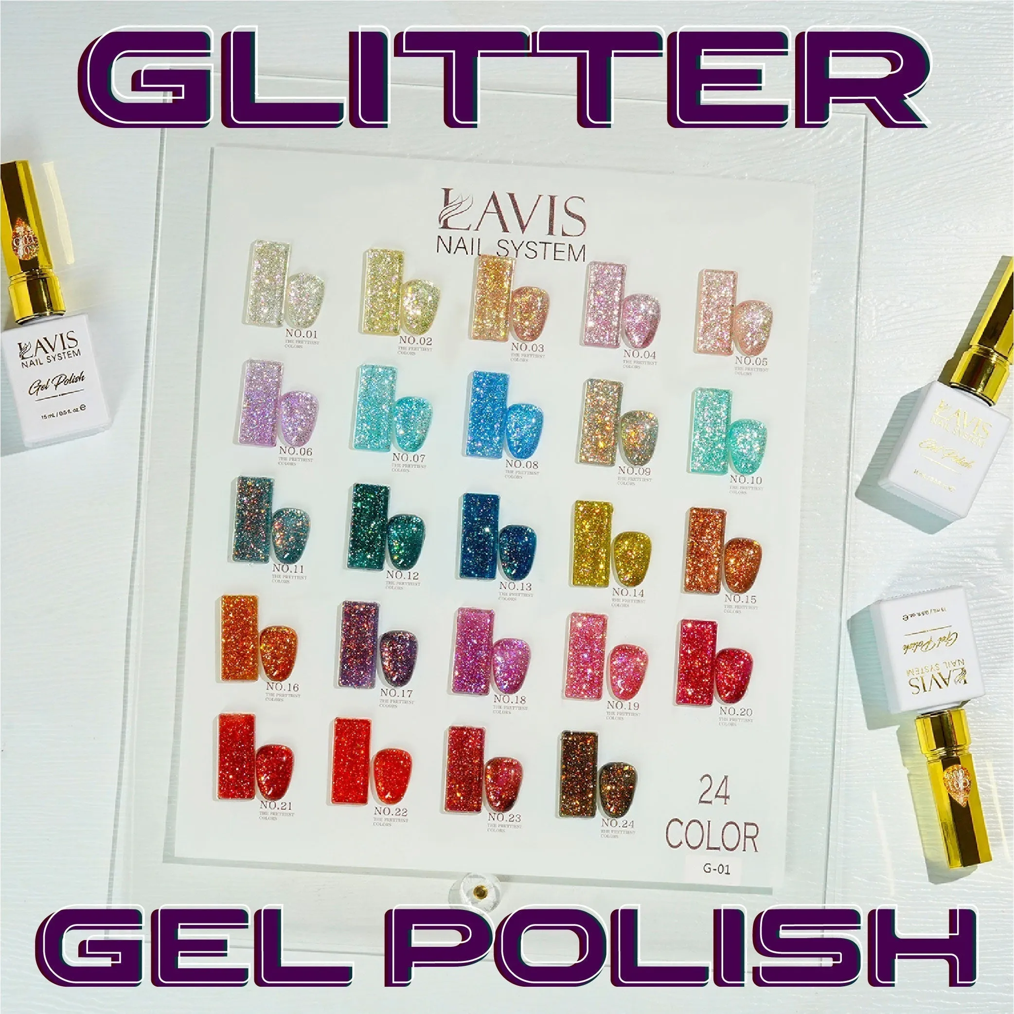 LAVIS Glitter G01 - Set 24 Colors - Gel Polish 0.5 oz - Galaxy Collection