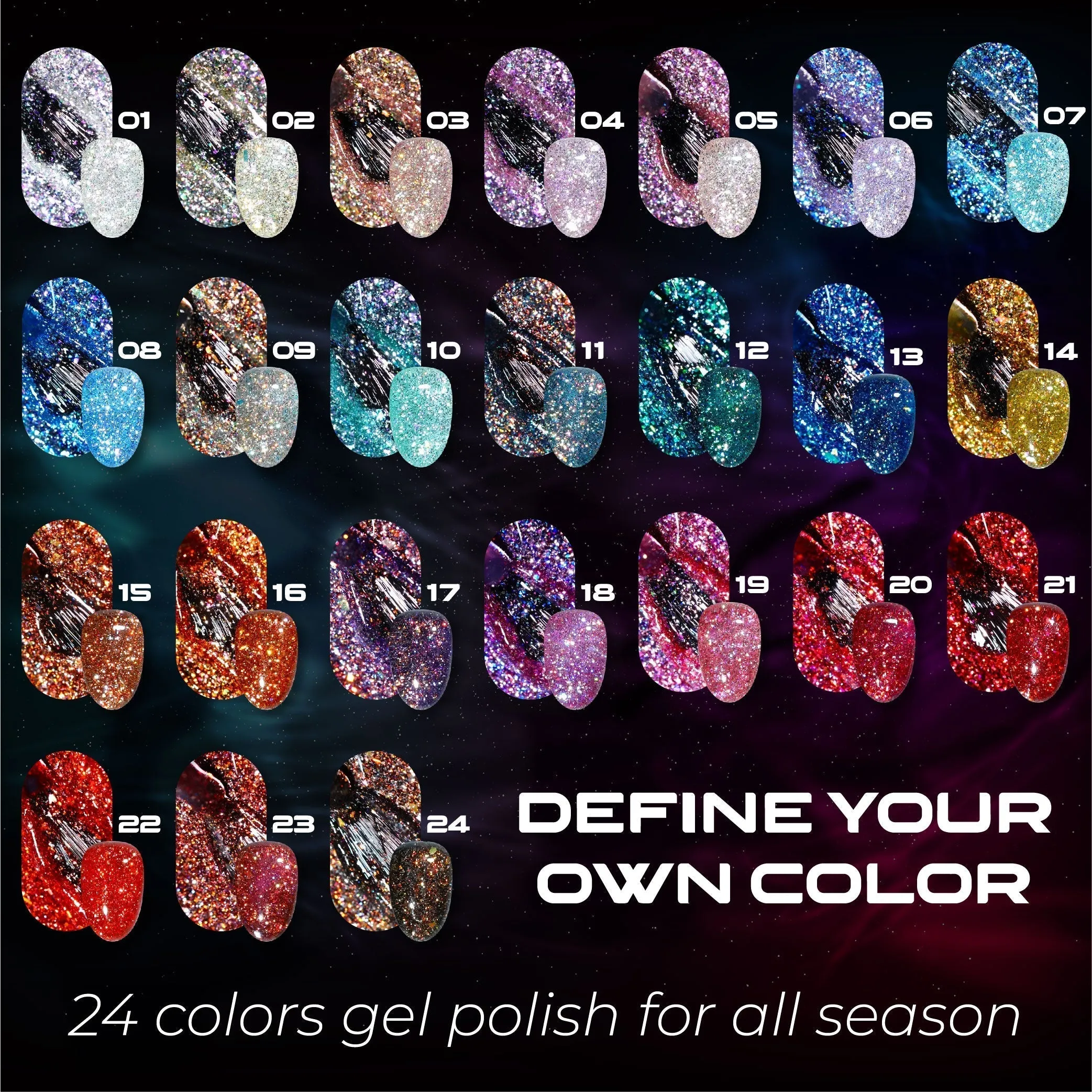LAVIS Glitter G01 - Set 24 Colors - Gel Polish 0.5 oz - Galaxy Collection