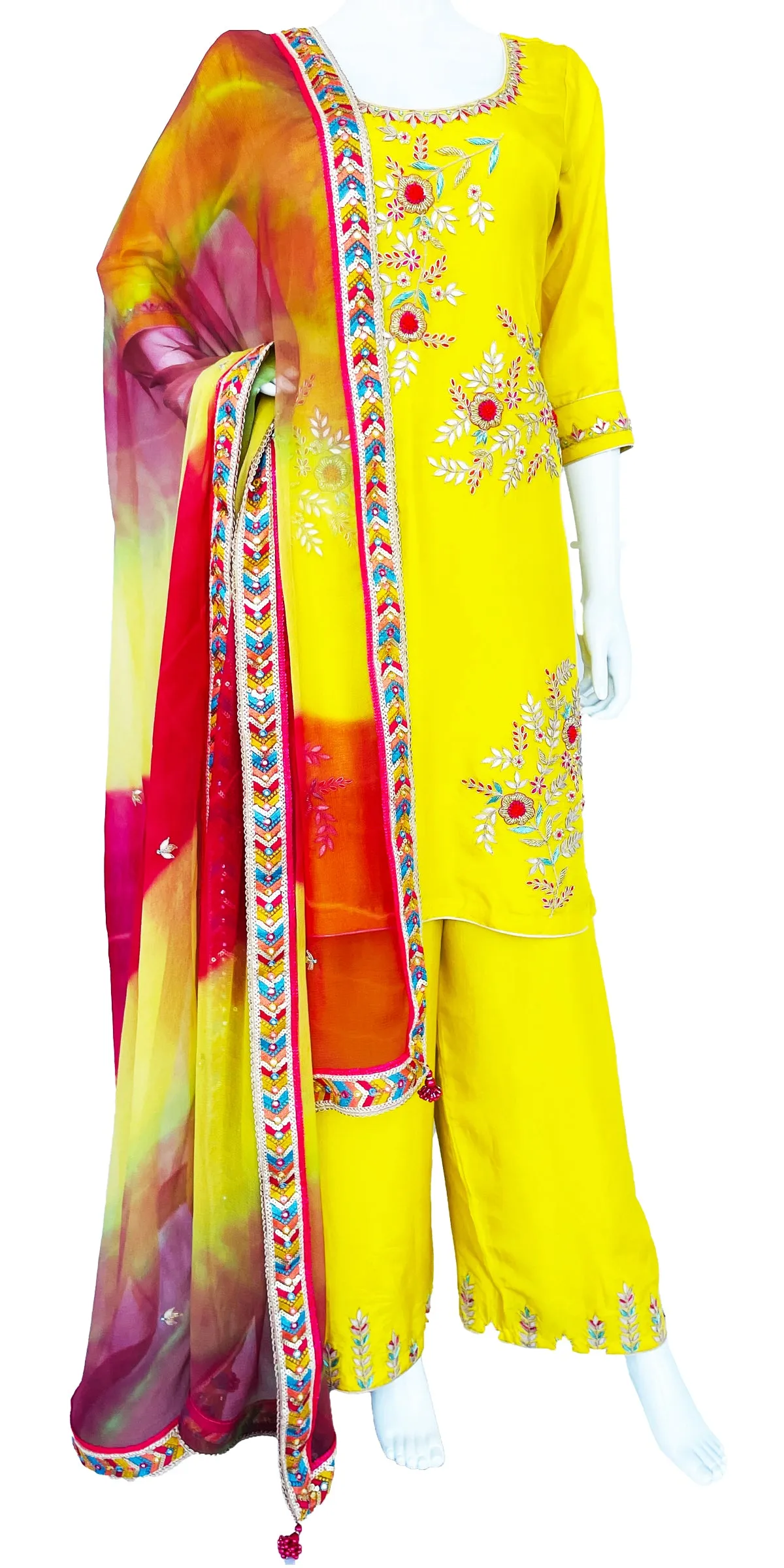 Lemon Yellow Pure Upada Silk Palazzo Suit with beautiful Handwork Embroidery