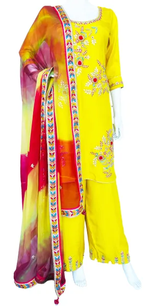 Lemon Yellow Pure Upada Silk Palazzo Suit with beautiful Handwork Embroidery