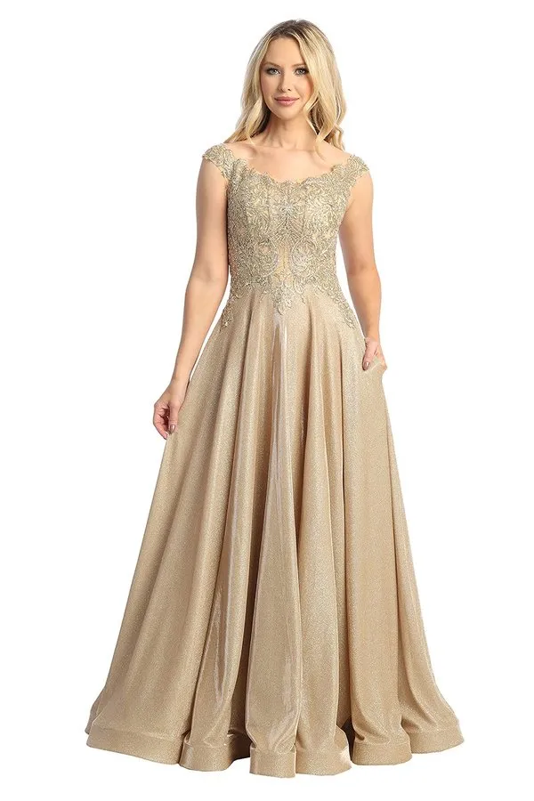 LF 7767 - Off the Shoulder A-Line Prom Gown with Embroidered Bodice