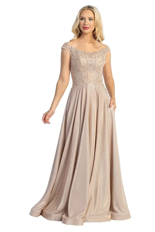 LF 7767 - Off the Shoulder A-Line Prom Gown with Embroidered Bodice