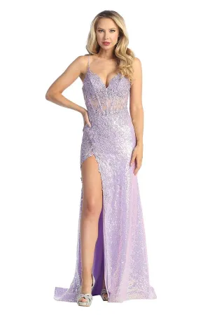 LF 7842 - Full Sequin Fit & Flare Prom Gown with Lace Embellished Sheer Boned Bodice & Leg Slit