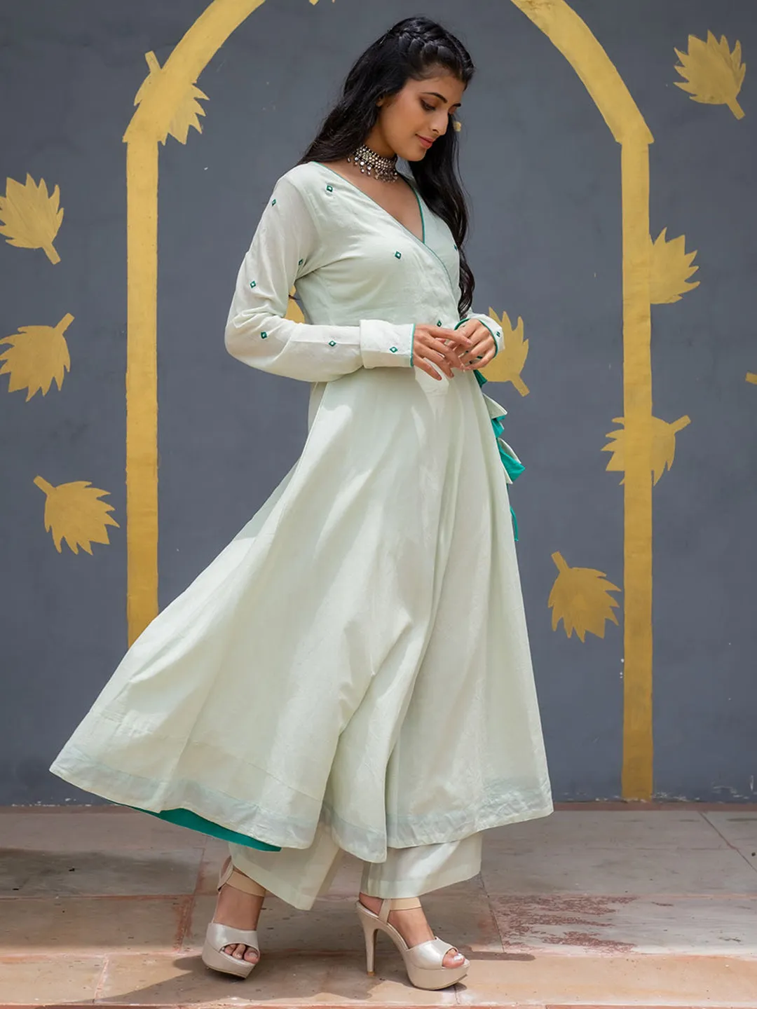 Light Green Angrakha Style Cotton Flared Kurta With Palazzos