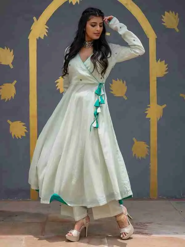 Light Green Angrakha Style Cotton Flared Kurta With Palazzos