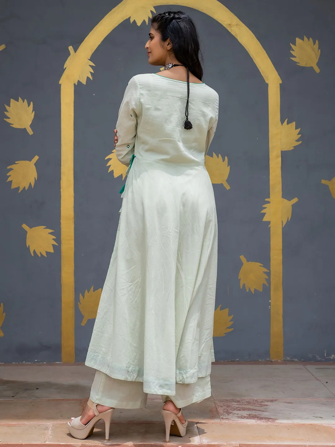 Light Green Angrakha Style Cotton Flared Kurta With Palazzos