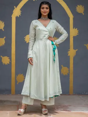 Light Green Angrakha Style Cotton Flared Kurta With Palazzos