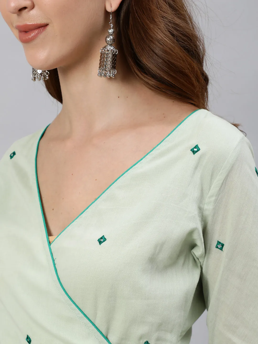 Light Green Angrakha Style Cotton Flared Kurta With Palazzos