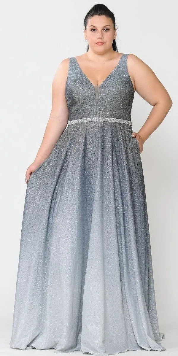 Lindas W1100 V-Neck Ombre Glitter Plus Size Dress with Rhinestone Waist
