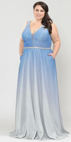 Lindas W1100 V-Neck Ombre Glitter Plus Size Dress with Rhinestone Waist