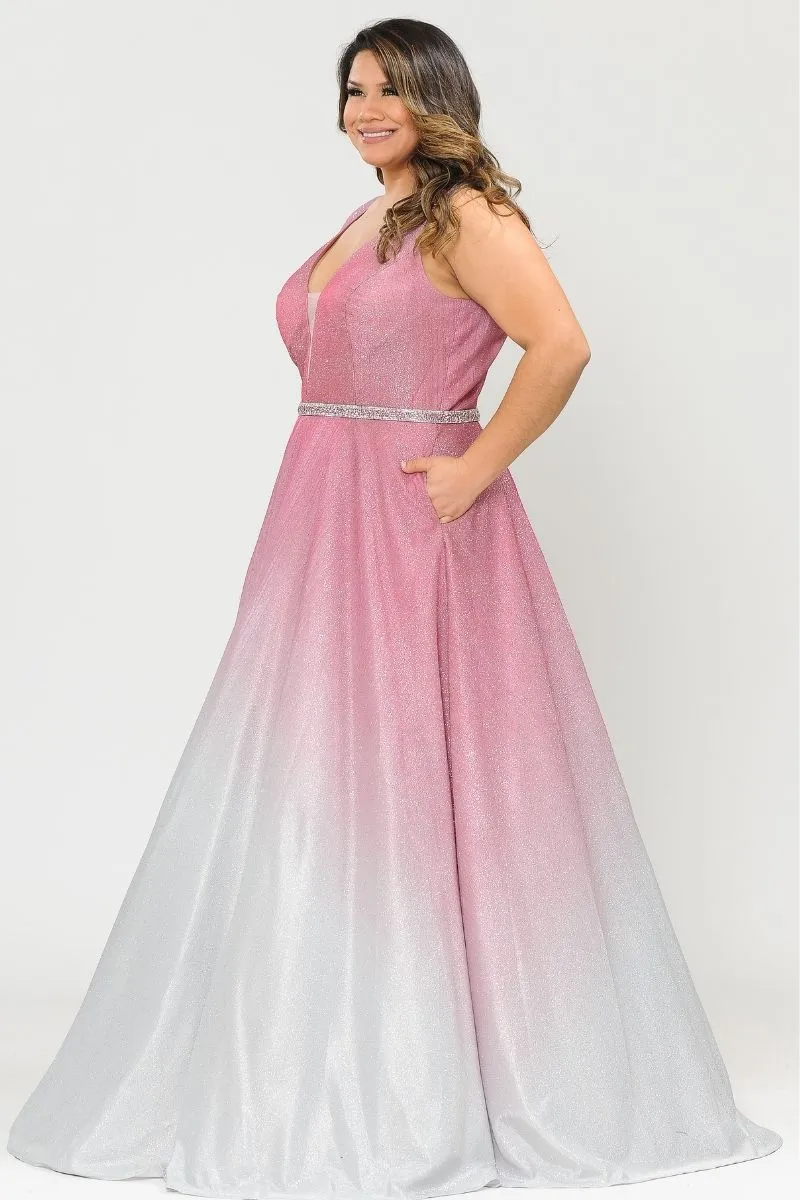 Lindas W1100 V-Neck Ombre Glitter Plus Size Dress with Rhinestone Waist