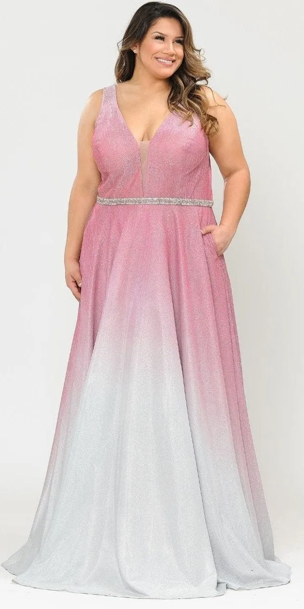 Lindas W1100 V-Neck Ombre Glitter Plus Size Dress with Rhinestone Waist