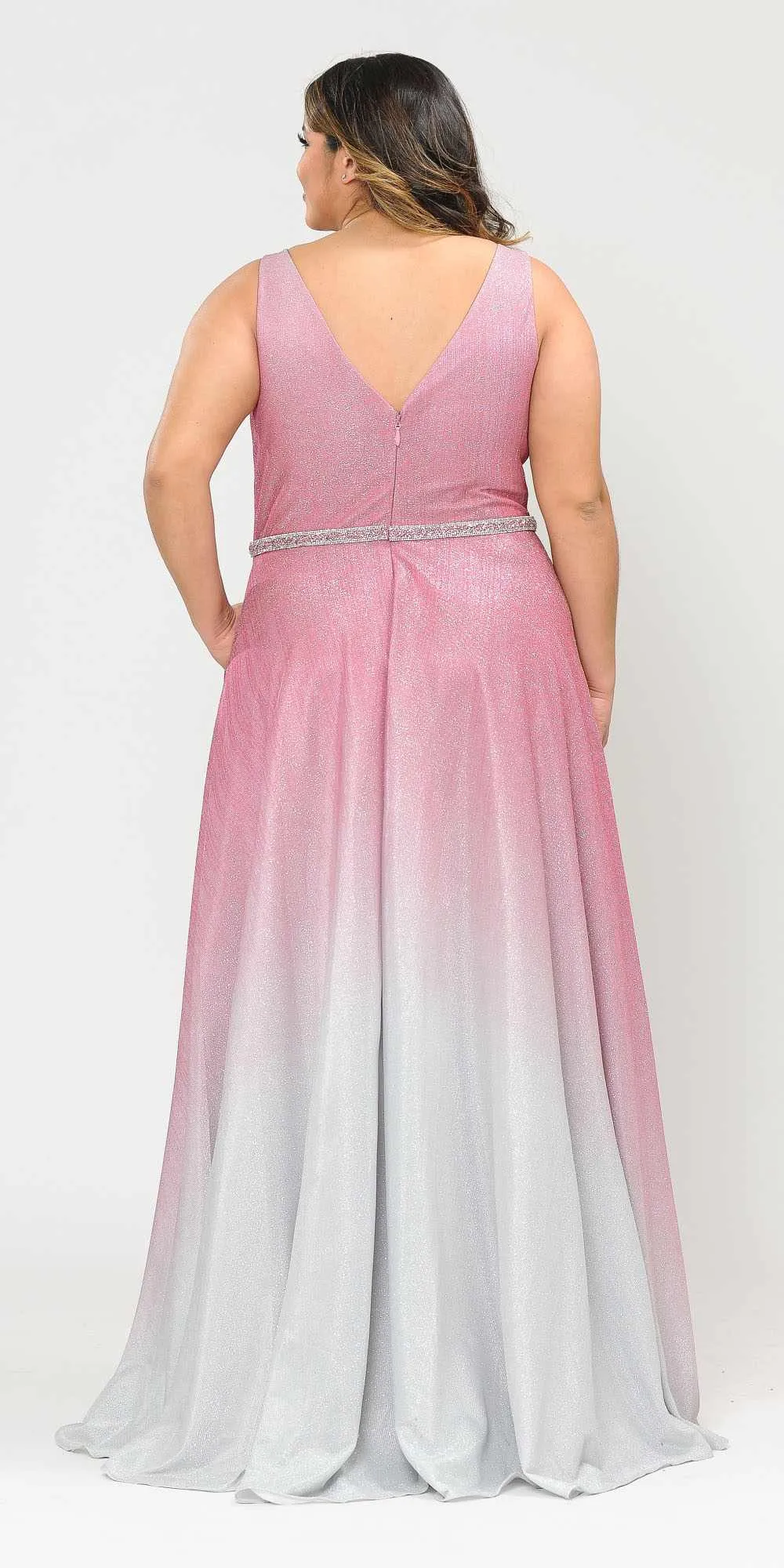 Lindas W1100 V-Neck Ombre Glitter Plus Size Dress with Rhinestone Waist