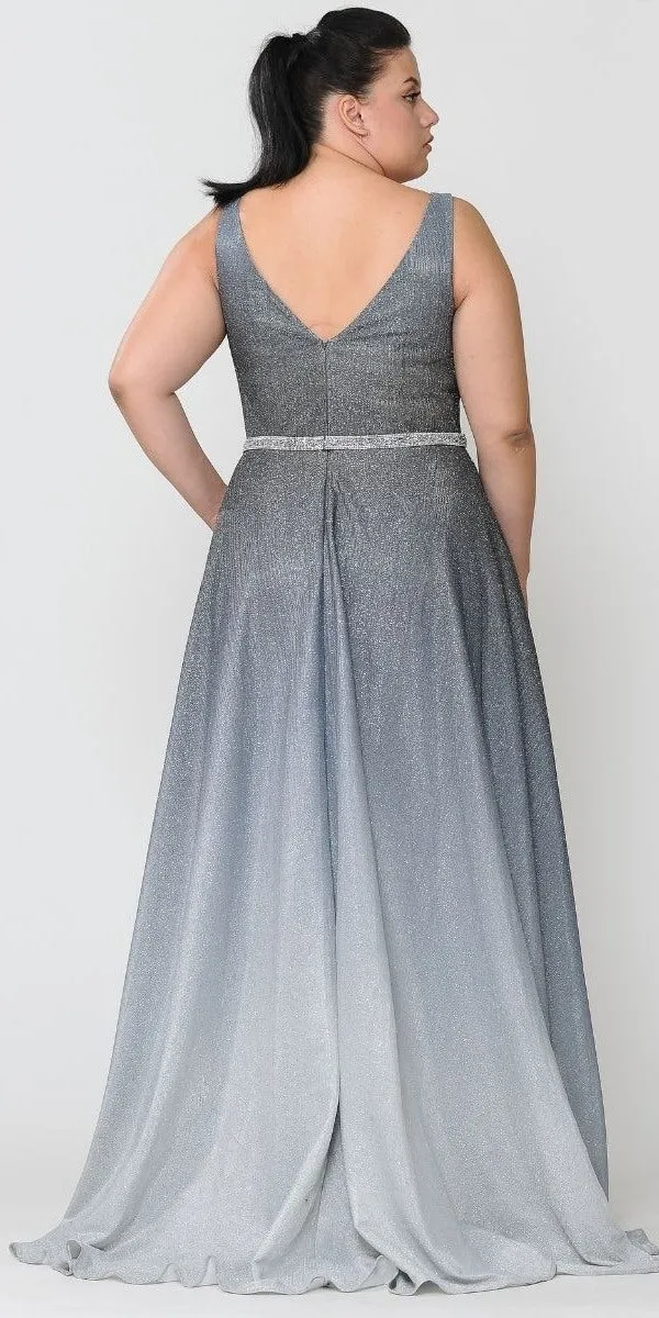 Lindas W1100 V-Neck Ombre Glitter Plus Size Dress with Rhinestone Waist