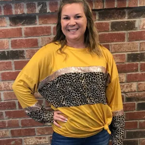 Long Sleeve Shirt w/Leopard and Sequin Middle and Sleeves