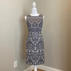 Lovely Black &amp; White Geometrical Design Fitted Sheath Dress with Jewel Neckline