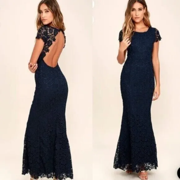 Lulus My Flare Lady Navy Blue Lace Maxi Dress Size Small Women