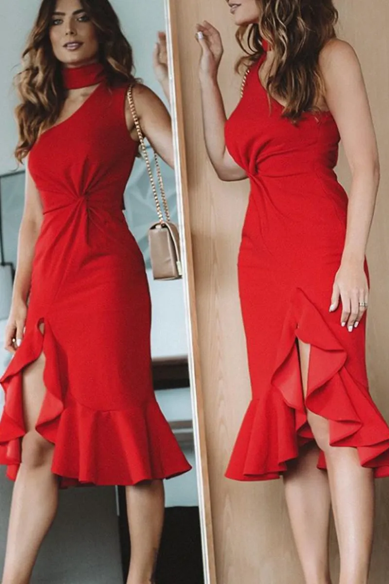 MACloth One Shoulder Sheath Midi Formal Party Dress Red Cocktail Dress