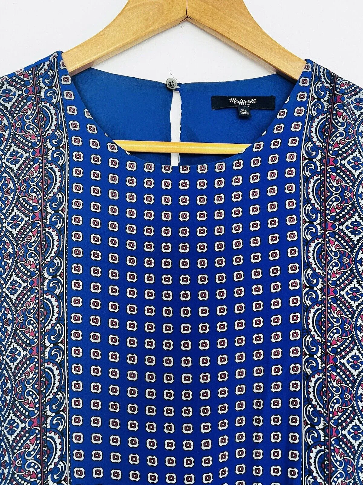 MADEWELL 100% Silk A-line Dress Sz XS Blue Pockets Lined Geometric Knee Length