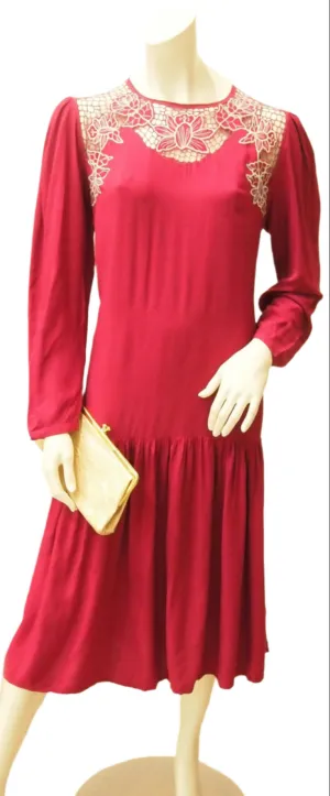 Magenta Macrame Lace Drop Waist Flare Hem Dress